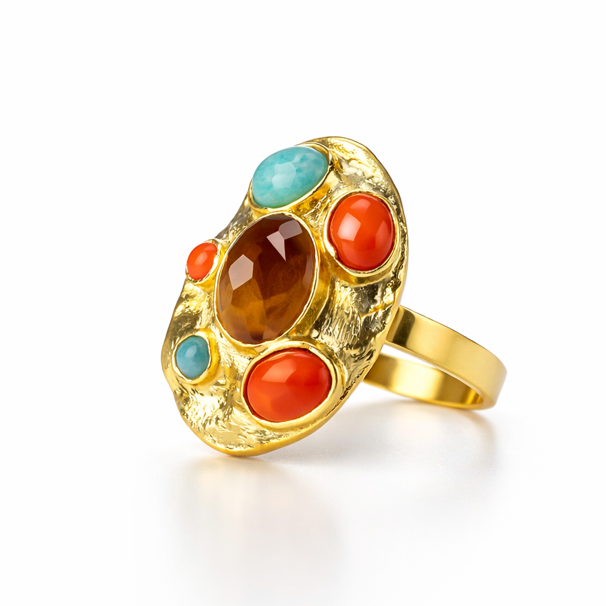 THALASSA, ANILLO CON PIEDRAS NATURALES Y BAÑO DE ORO