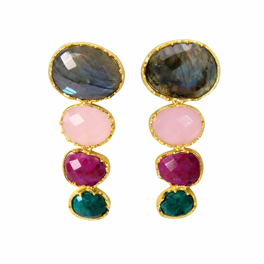 LARA, ARETES DESMONTABLES, CON PIEDRAS NATURALES Y BAÑO DE ORO
