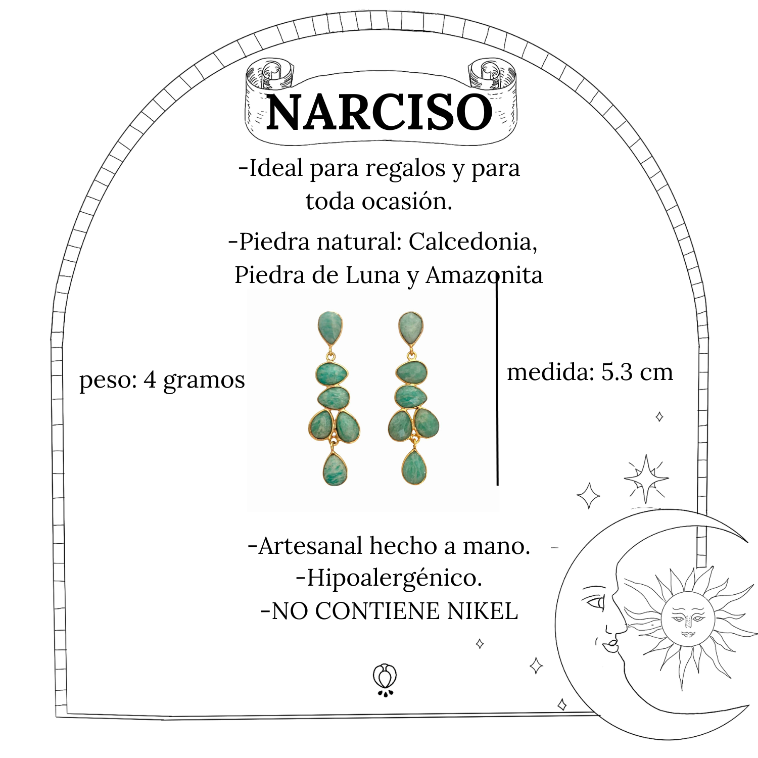 NARCISO, aretes con piedras, bañados en oro de 24k.