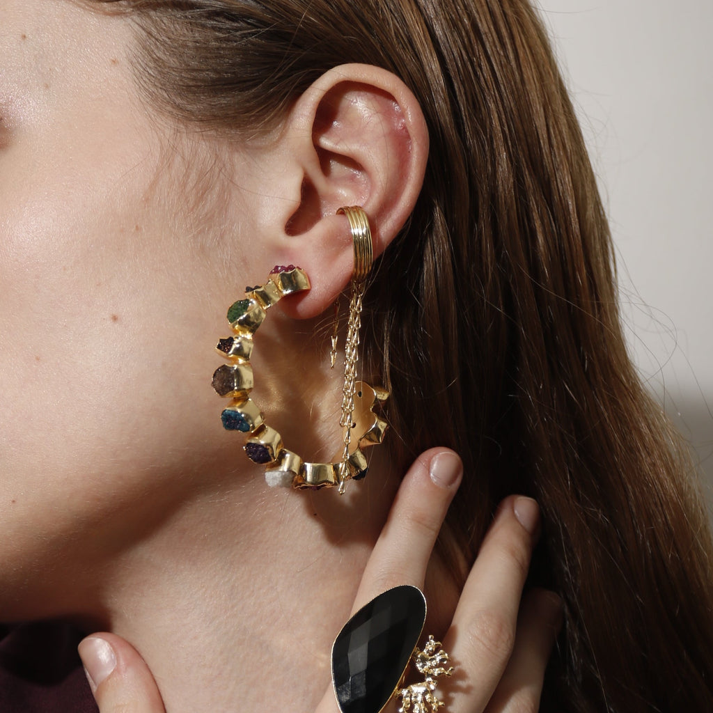 MAXI AURATA, ARRACADAS CON PIEDRAS DRUZA DE CUARZO Y BAÑO DE ORO