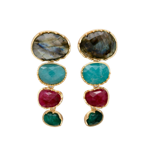 LARA, ARETES DESMONTABLES, CON PIEDRAS NATURALES Y BAÑO DE ORO
